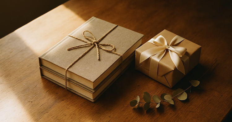 Two closed photo albums tied with twine beside a small wrapped gift box on a warm wooden table