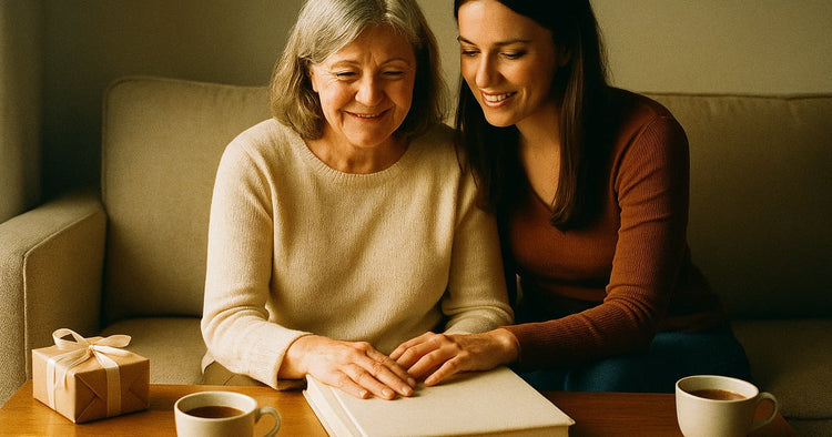 A mother and her adult daughter on a sofa watching a family memory reel on a tablet, a wrapped gift and old photos on the side table