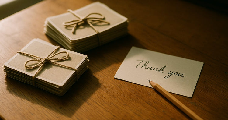 Two small bundles of old photographs tied with plain string, face down, beside a handwritten card on a warm wooden table