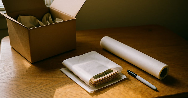 A stack of old family photographs wrapped in acid-free tissue beside an open cardboard box lined with packing paper on a wooden table