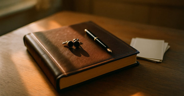 A retirement gift of cufflinks and a fountain pen resting on a closed leather-bound photo album beside face-down old prints
