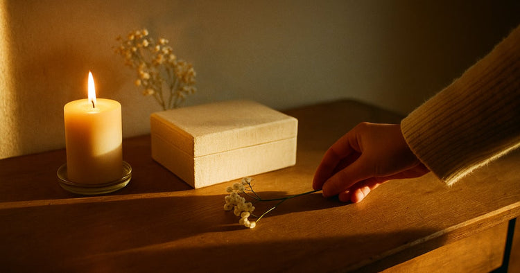 A framed portrait beside a candle with a tablet playing a soft memory reel of family photos