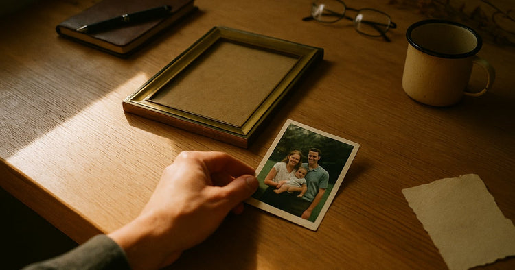 An open, empty picture frame lying face-up on a wooden desk beside a single loose old photograph and its glass pane set to the side