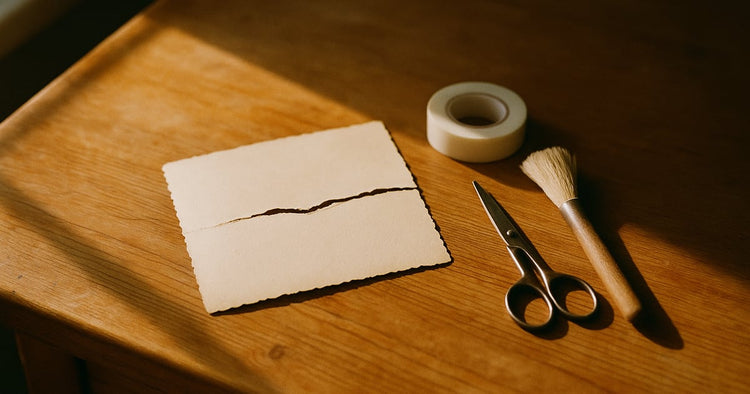 A torn old photograph face down on a warm wooden desk beside a roll of archival tape, a soft brush, and a pair of scissors