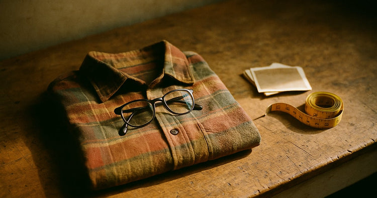 A folded flannel shirt and a pair of reading glasses beside a small stack of old photographs face-down on a wooden workbench