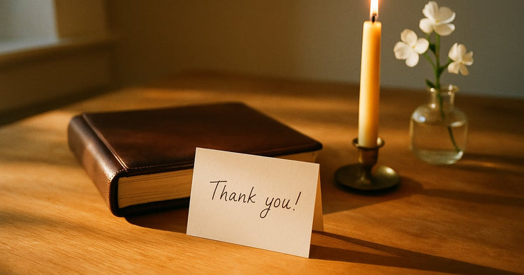 A handwritten card and a lit candle resting beside a closed photo album on a wooden table