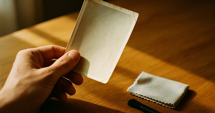 A hand holding a faded old family photo up to the light next to its restored version on a desk