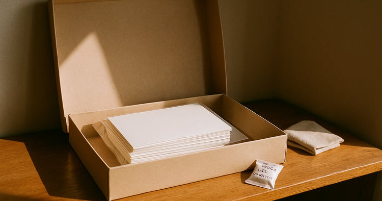 An open archival photo box with a stack of old prints turned face down beside a silica gel packet and a folded cloth, bright dry daylight