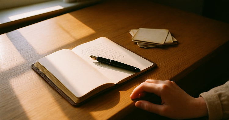 An open leather journal with a page of handwritten notes and a pen, beside a stack of face-down old family photographs