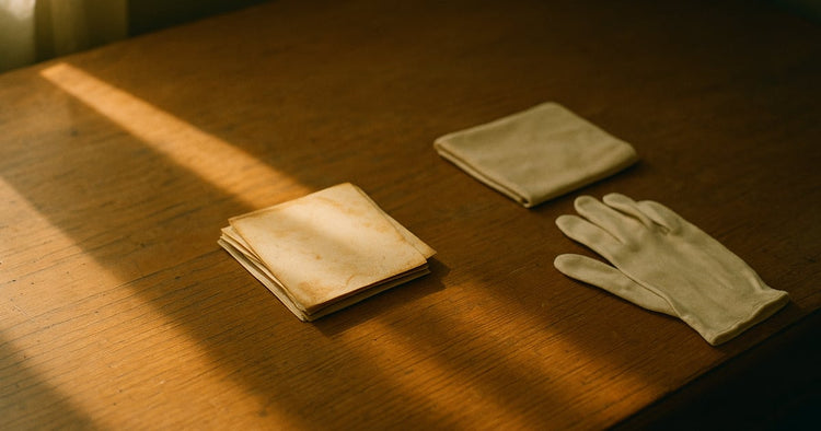 A worn wooden desk with a small stack of old photographs face down showing creased, water-stained edges, a soft cleaning cloth folded beside them, and a pair of white cotton gloves resting on the desk