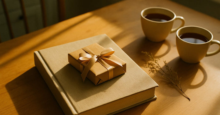 A closed family photo album with a small wrapped gift and ribbon on a sunlit kitchen table for Grandparents Day
