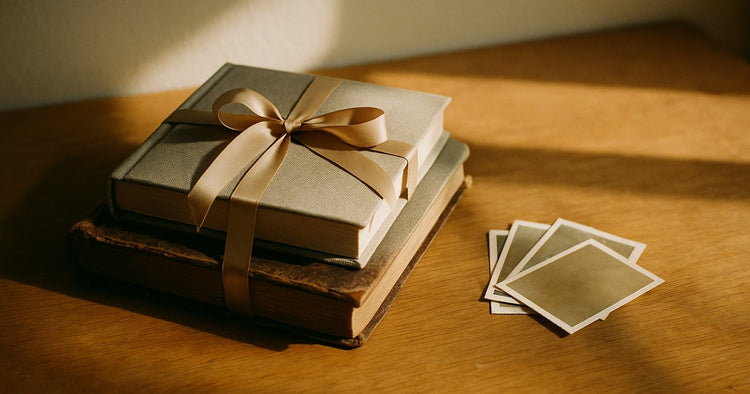 Two different era photo albums, one worn leather and one newer fabric bound, tied together with a ribbon beside a fan of face down old photographs on a wooden table