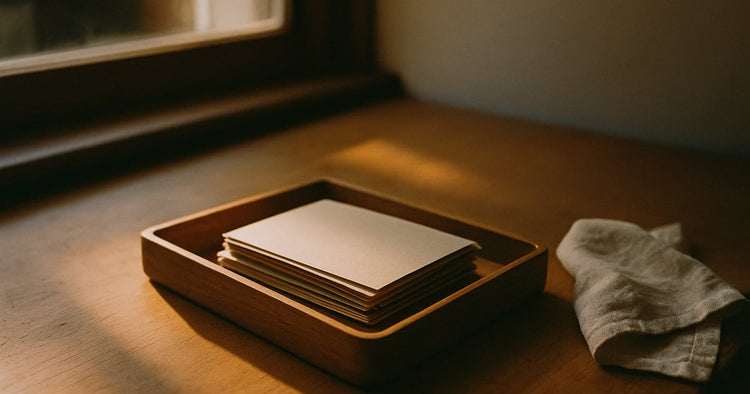 A stack of loose old printed photographs lying face-down in a shallow wooden tray on a warm desk, showing only their plain paper backs