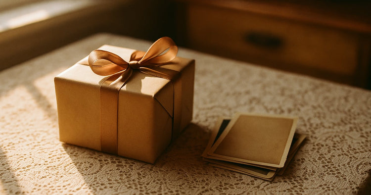 A wrapped gift box tied with ribbon beside a small stack of face-down old photographs on a lace tablecloth