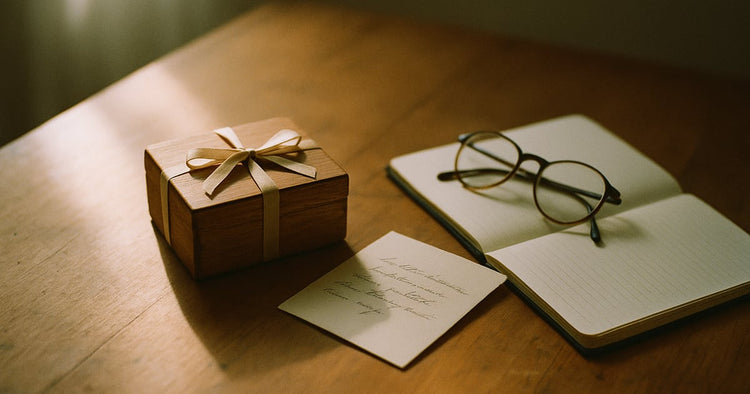 A small closed wooden keepsake box tied with ribbon beside a folded handwritten note and a pair of reading glasses on a sunlit table