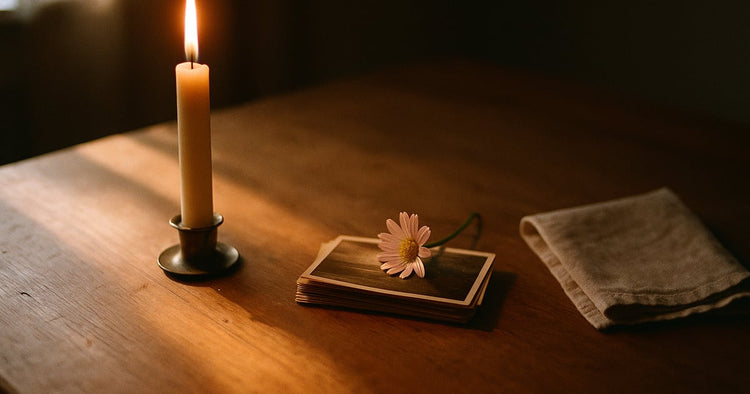 A lit candle beside a small stack of face-down old photographs and a single fresh flower on a wooden table