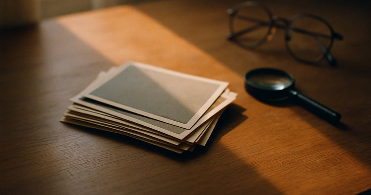 A loose stack of vintage family photographs fanned face-down on a wooden table beside a magnifying glass and reading glasses