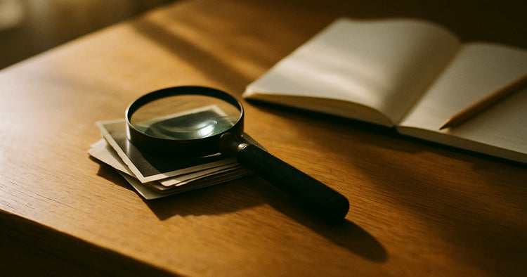 A magnifying glass resting on a small stack of face-down old photographs beside an open notebook on a warm wooden desk