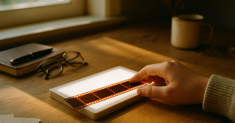 A strip of 35mm film negatives resting on a lightbox on a warm wooden desk