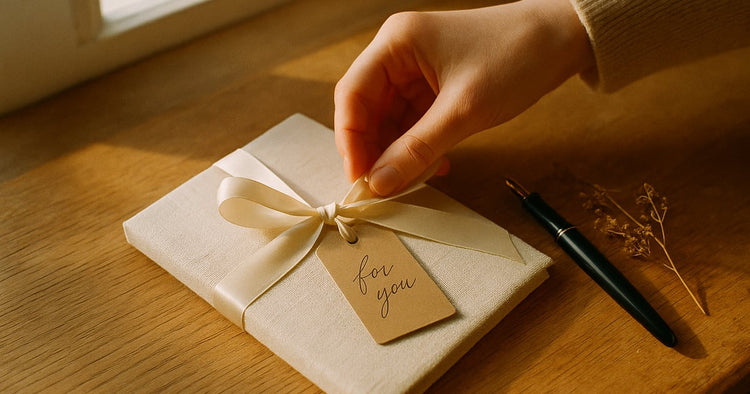 A keepsake card being tied with ribbon next to a phone playing a family memory reel