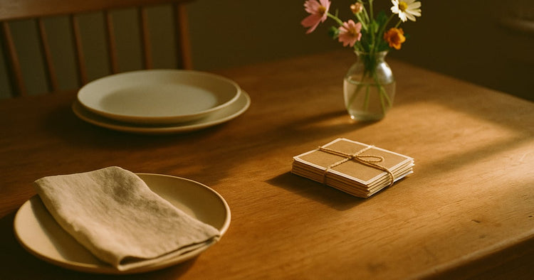A dinner table set for a family meal, with a small stack of face-down photo prints beside a vase of garden flowers