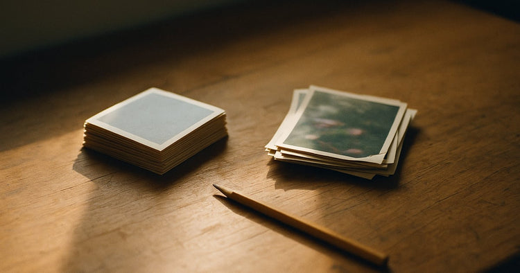 A small stack of old family photographs face-down on a wooden table beside a second, looser stack with one torn corner