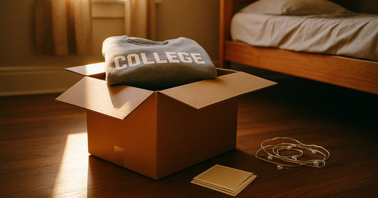 A packed cardboard moving box beside a folded college sweatshirt and a face-down stack of old childhood photo prints on a bedroom floor