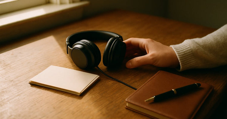 A smartphone on a warm wooden desk playing a family photo slideshow, a fan of restored printed photos and headphones beside it