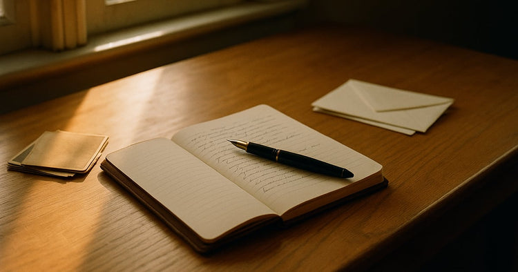A leather journal open to a handwritten checklist on a warm wooden desk, a fountain pen across the page, a small stack of face-down old photographs beside it