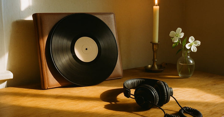 A vinyl record leaning against a closed leather photo album beside a pair of coiled headphones on a warm wooden table