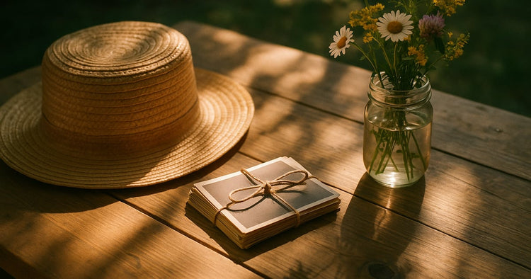 A straw sunhat resting on a stack of face-down old photographs tied with twine on a sunlit picnic table