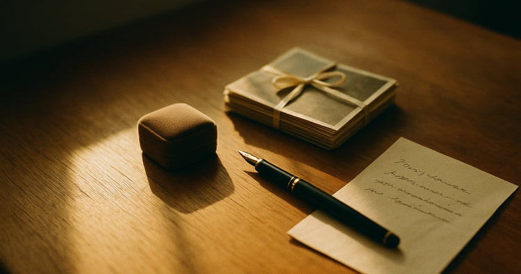 A closed ring box on a wooden table beside a ribbon-tied stack of face-down old photo prints and a fountain pen