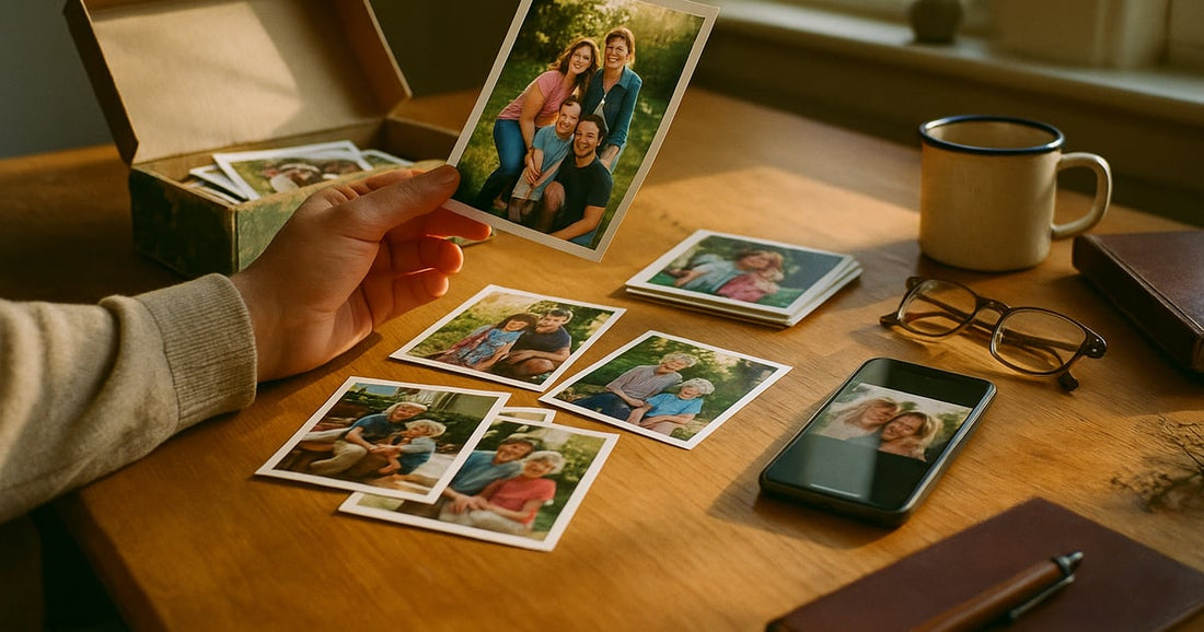 A shoebox of old family photographs spread across a kitchen table next to a phone playing a memory reel