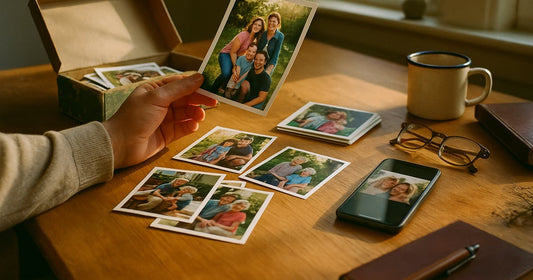 A shoebox of old family photographs spread across a kitchen table next to a phone playing a memory reel