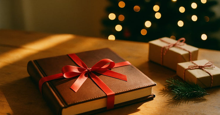 Grandparents on a sofa at Christmas watching a family memory reel on a tablet, a decorated tree and wrapped gifts nearby