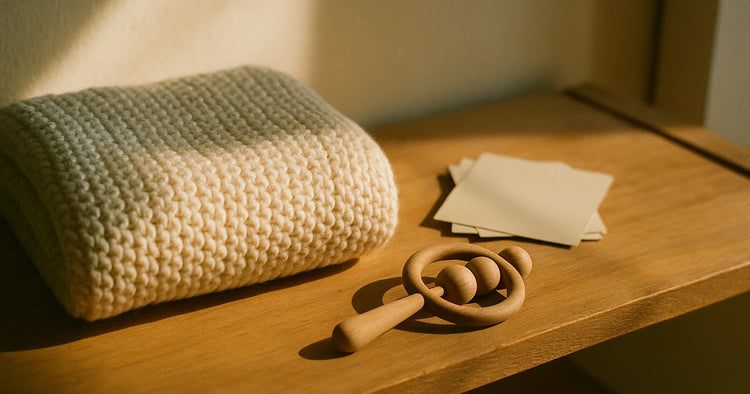 A knitted baby blanket folded on a wooden nursery shelf beside a small stack of face-down family photo prints showing only their cream backs, a wooden rattle resting nearby