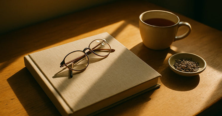 A pair of reading glasses resting on a closed photo album beside a cup of tea on a sunlit table