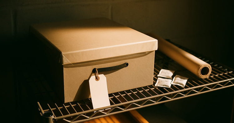 A sealed acid-free archival storage box wrapped in a plastic liner, resting on a raised wire shelf against a storage unit wall, with silica gel packets beside it