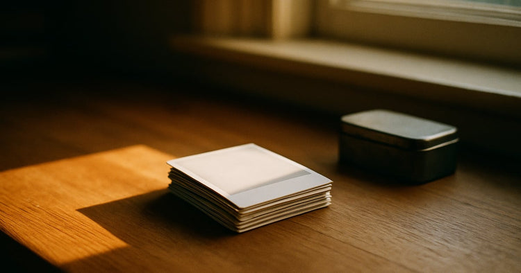 A stack of vintage Polaroid instant photos lying face-down showing only their white paper backs, beside a small tin box on a warm wooden desk