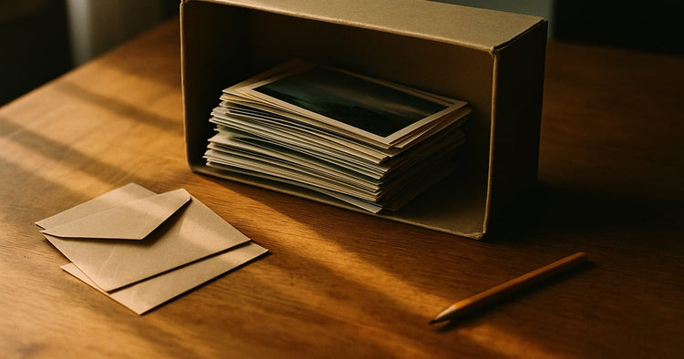 A shoebox of loose family photographs spilling onto a warm wooden table beside empty labeled envelopes
