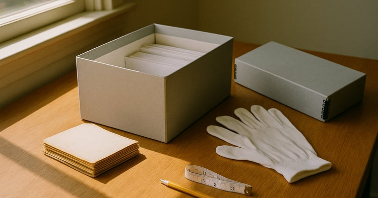 An open acid-free archival storage box with photo sleeves and dividers on a wooden table, a small stack of old prints face down beside it