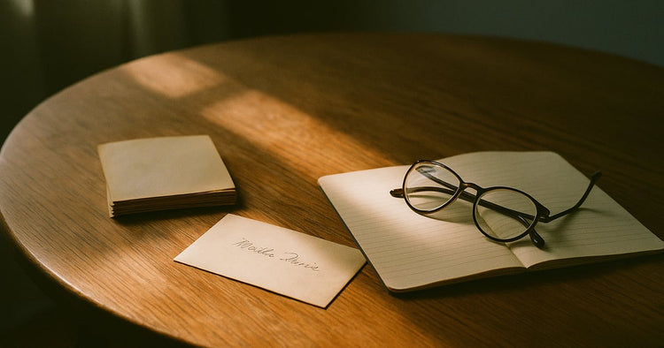 A round wooden table with a small stack of face-down old photographs, a handwritten envelope, and a pair of reading glasses resting on an open notebook