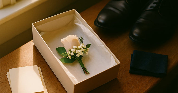 A corsage box open on a wooden hallway table beside a face-down stack of old childhood photo prints and a pair of dress shoes