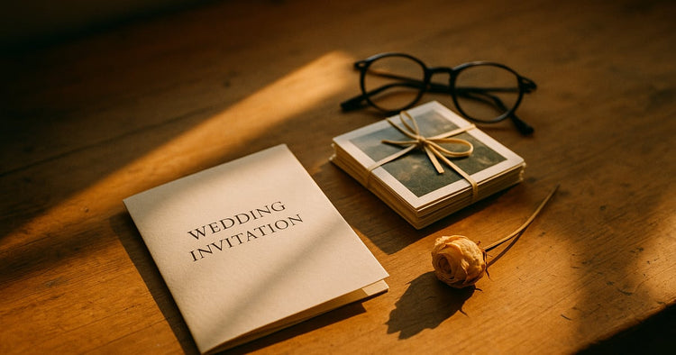 A folded wedding invitation and a small ribbon-tied stack of face-down photo prints on a warm wooden table beside a pair of reading glasses