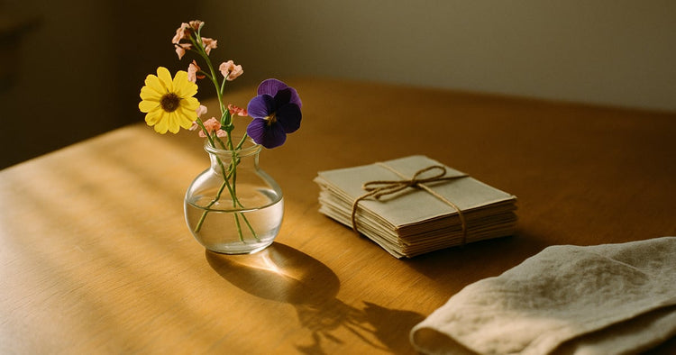 A vase holding a handful of pressed garden flowers beside a stack of face-down old photographs on a sunlit table