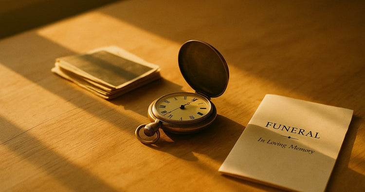 A brass pocket watch open beside a small stack of face-down old photographs and a folded funeral program on a wooden table