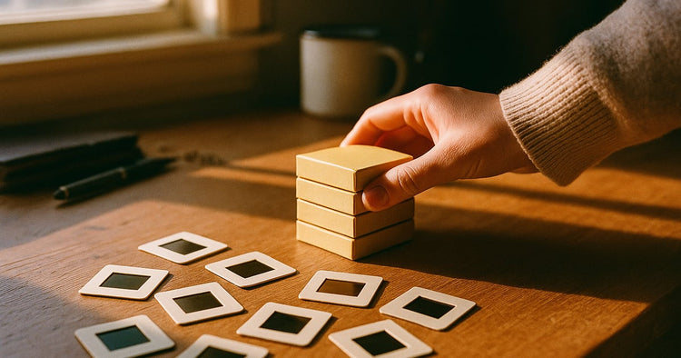 A stack of vintage yellow 35mm slide boxes and loose slide mounts on a warm wooden desk