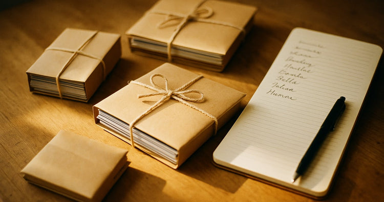 Several kraft envelopes of different sizes holding loose photograph edges, tied with string, next to a notepad with handwritten names and a pen