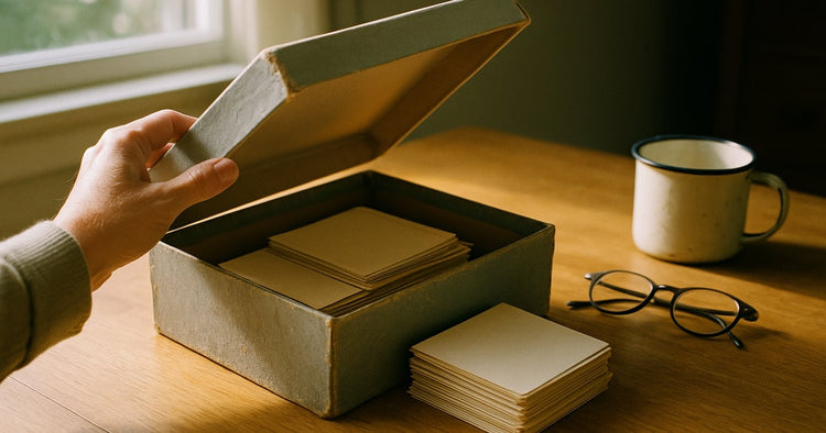 A shoebox of old family photographs spread across a kitchen table next to a phone playing a memory reel