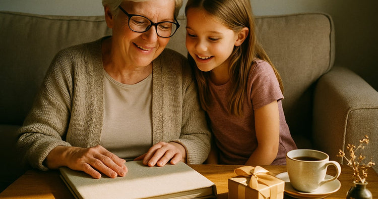 A grandmother and granddaughter on a sofa watching a family memory reel on a tablet, a wrapped gift and old photos on the side table